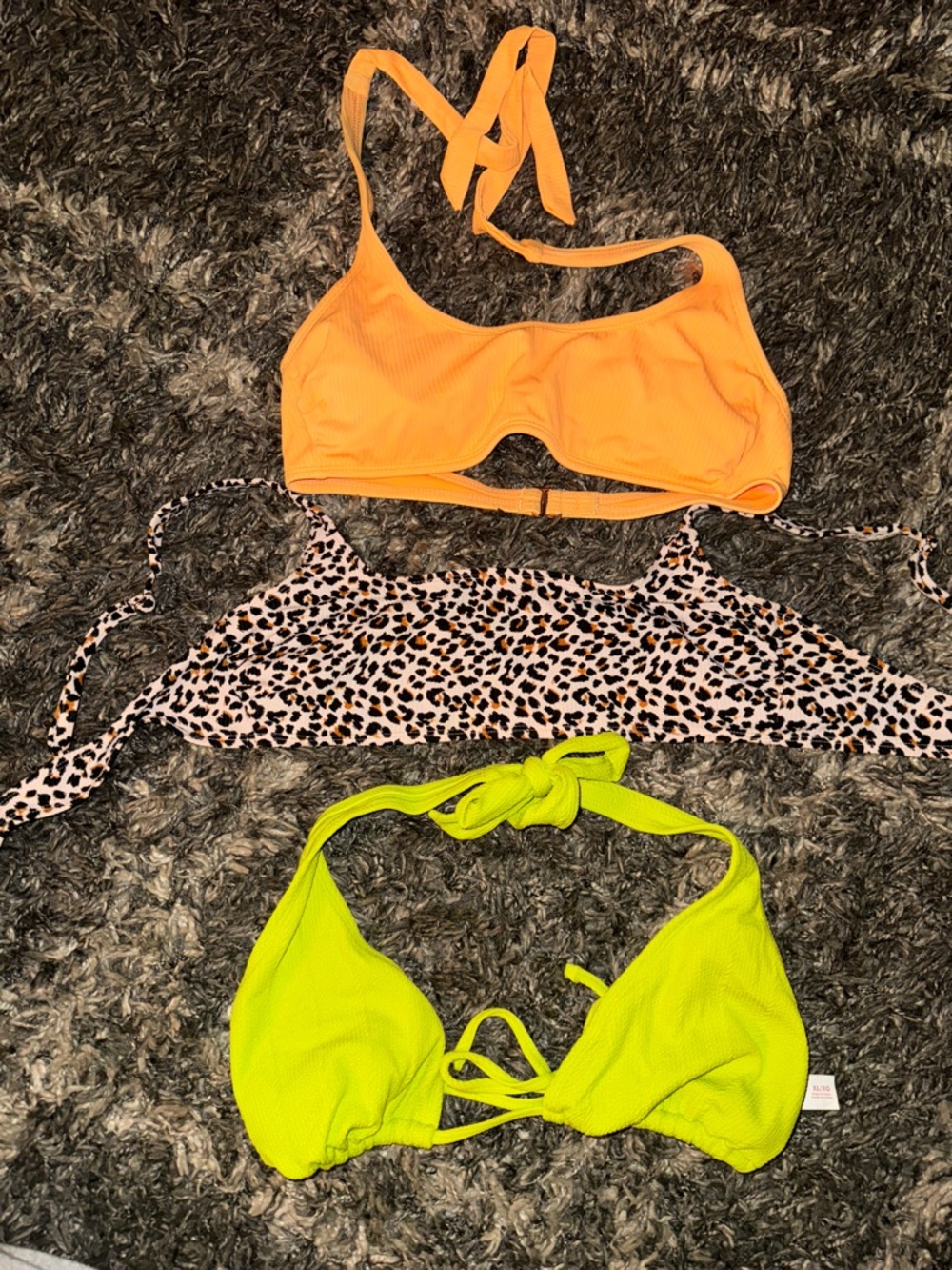 Three Bikini Tops - Orange, Leopard Print, Neon Green
